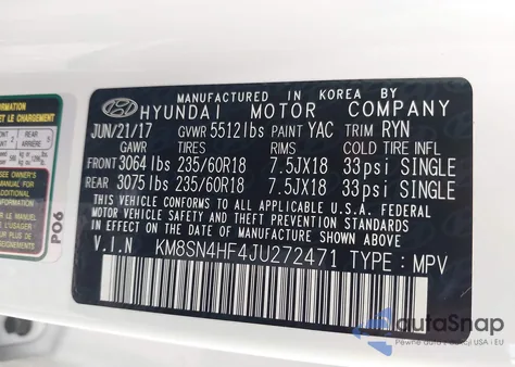 2018 Hyundai Santa Fe Se from USA, damaged, VIN KM8SN4HF4JU272471
